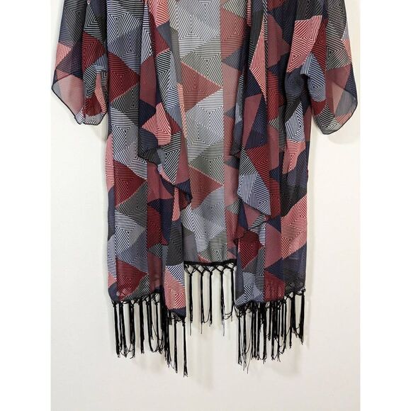 Lularoe Geometric Red White Blue Grey Kimono with Black Fringe - Picture 3 of 9